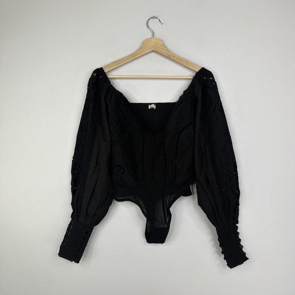 Free People Intimately Regina Eyelet Bodysuit Black XS Broderie Floral - Picture 2 of 11